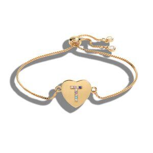 Letter "T" Initial Heart Yellow Gold Bracelet